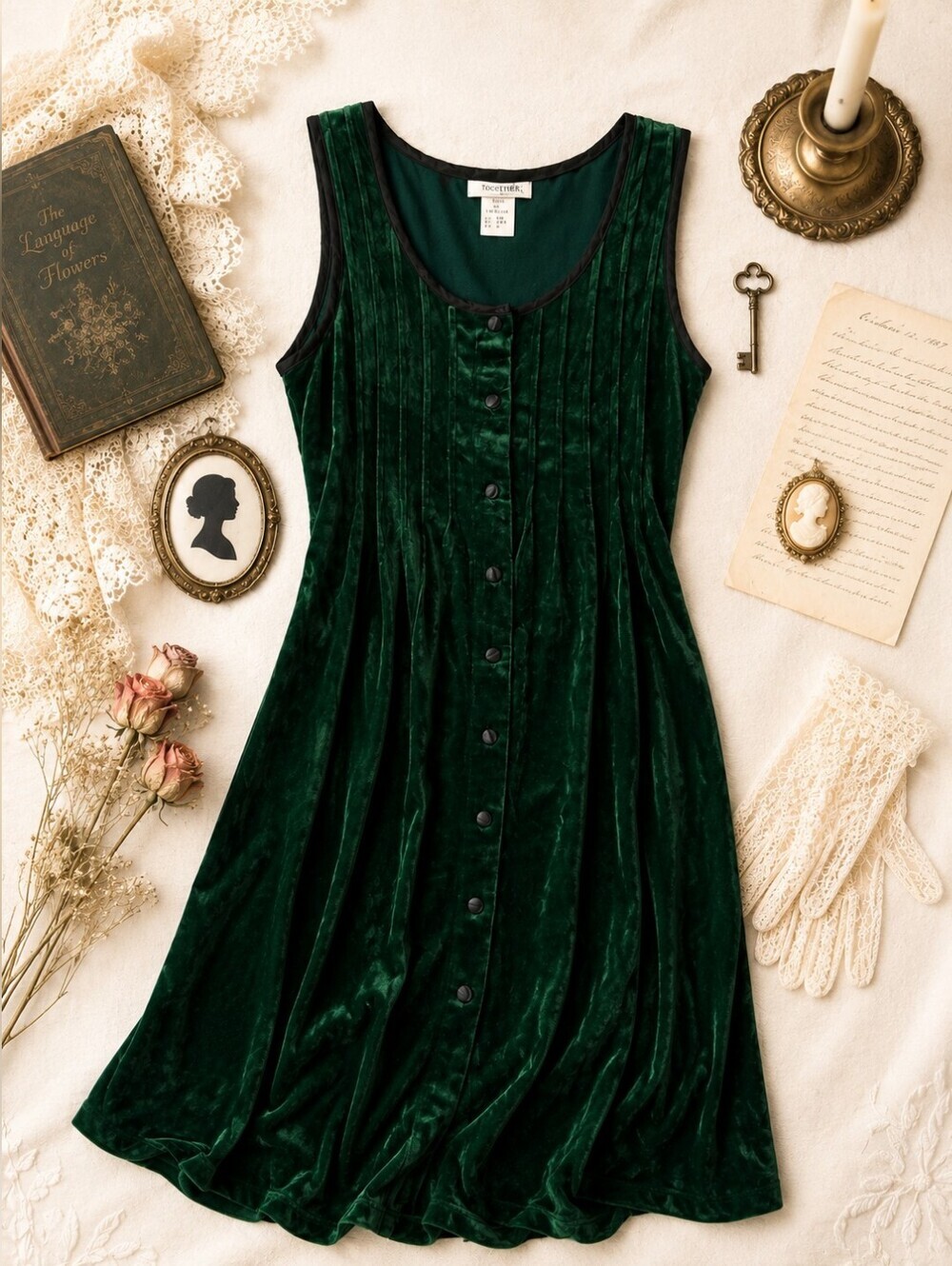Vtg 90s Green Velvet Button-Front Victorian Sleeveless Midi Goth Dress. Ladies 5
